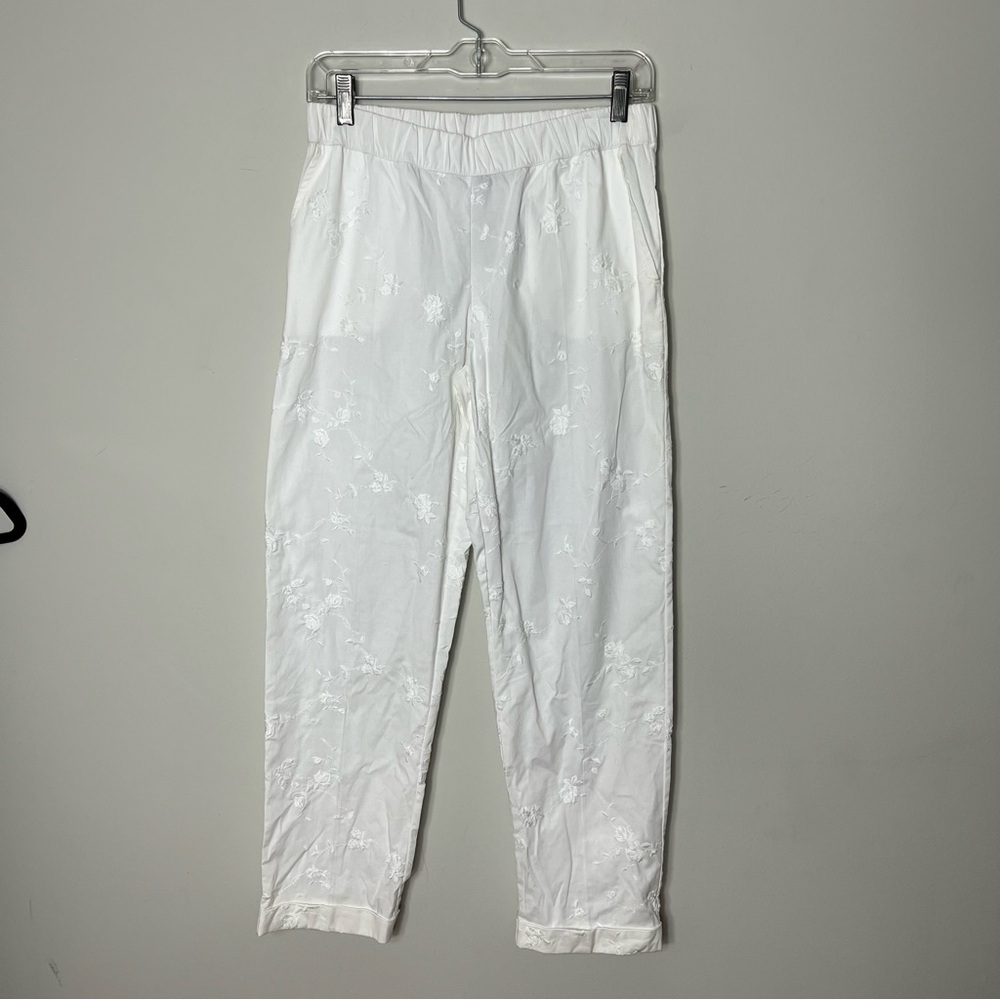 NEW $259 Whyci Milano White Embroidered Casual Pants Cotton Elastic Waist 953